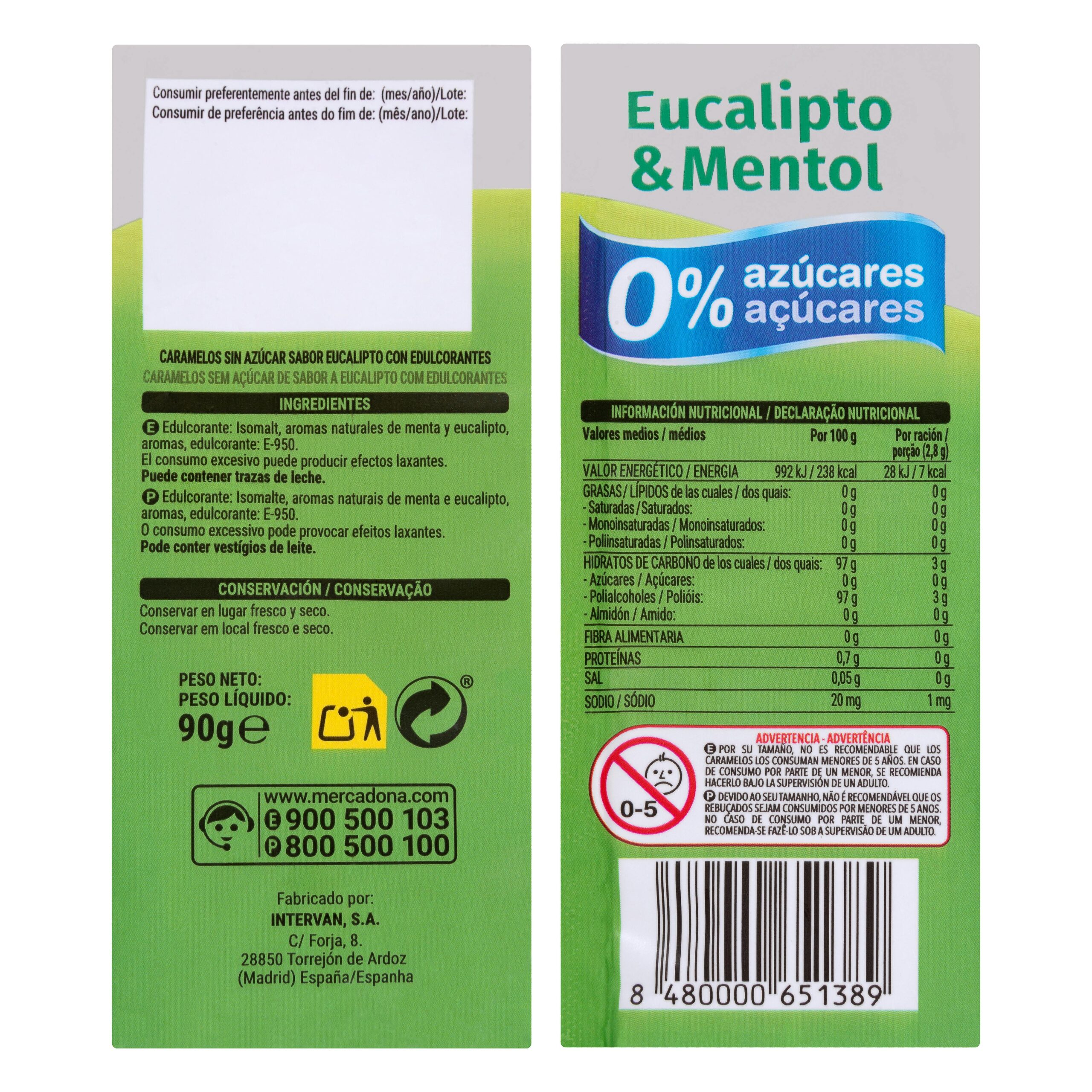 Etiqueta Caramelos sabor eucalipto y mentol Hacendado 0% azúcares